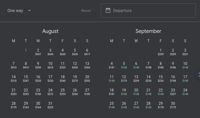 Flight price calendar